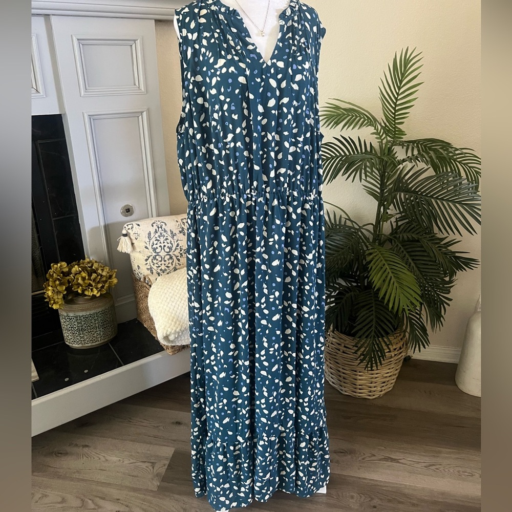 MOLLY € ISADORA Teal Sleeveless Dress with White Pattern Size 3X